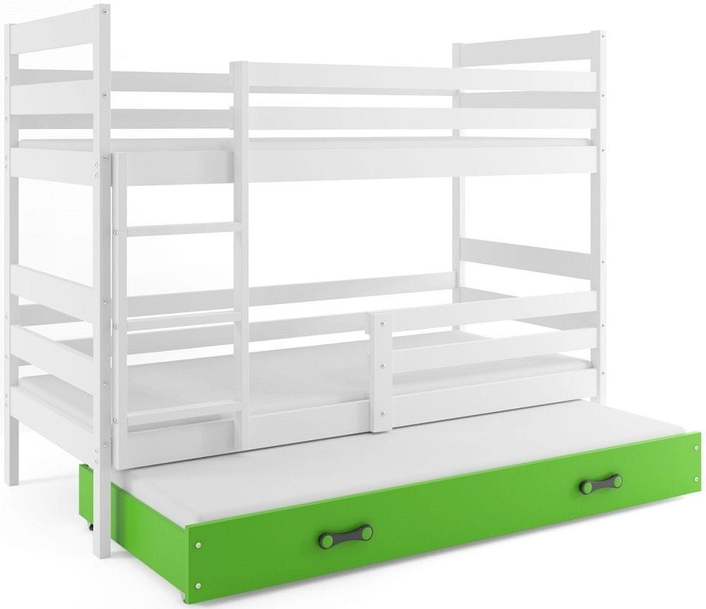 eoshop Poschodová posteľ s prístelkou ERYK 3 80x160 cm, biela / zelená (Voľba matraca: Penový matrac)